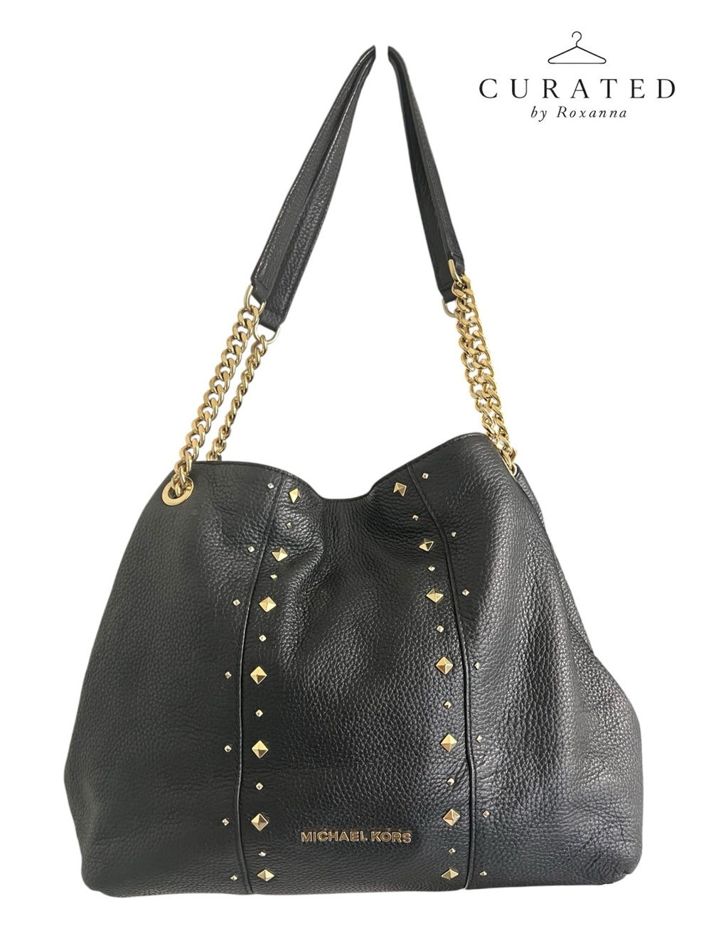 Michael Kors Black Pebbled Leather Studded Chain Shoulder Tote Bag Gold Hardware